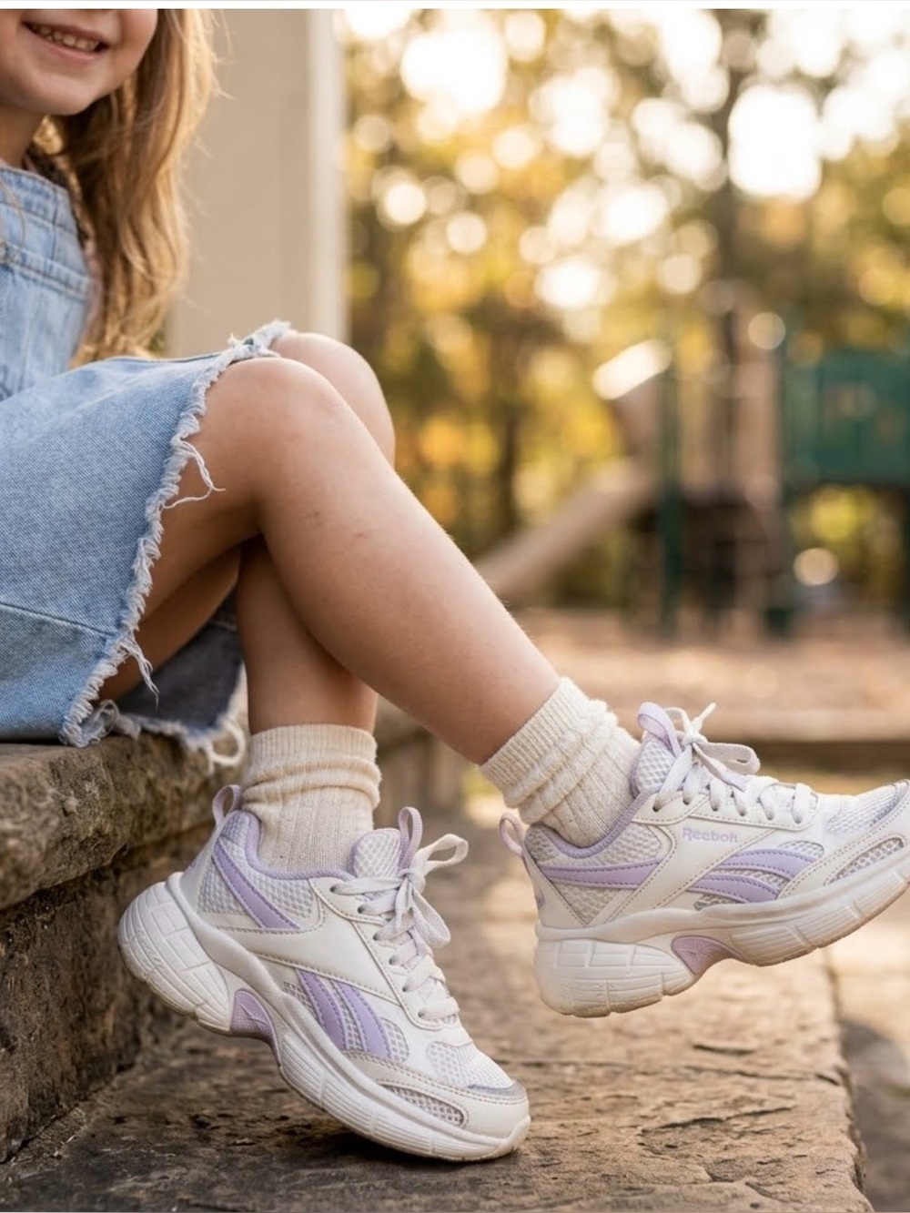 Reebok kid’s Chunky Sneaker in White and Lavender Accent